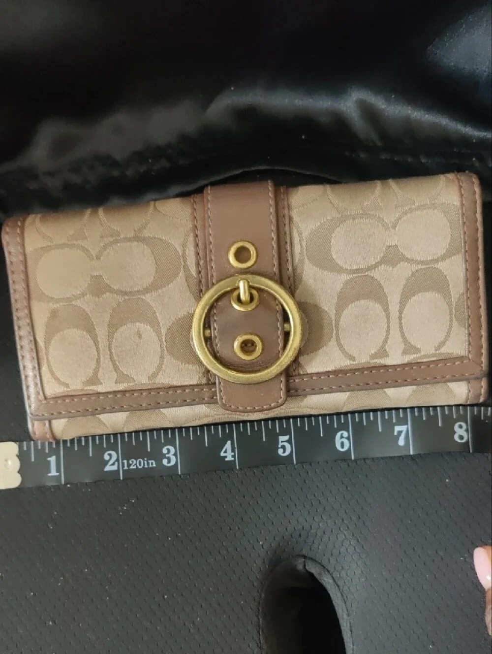 Coach Beige Signature Canvas Continental Wallet • Gold Ring Buckle  (8